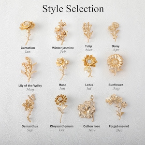 以下が含まれることがあります： 「Style Selection」とラベル付けされた、グリッド状に配置された12個のゴールドトーンの金属製フラワーブローチのコレクション。各ブローチは月を表しています：Carnation、Winter jasmine、Tulip、Daisy、Lily of the Valley、Rose、Lotus、Sunflower、Osmanthus、Chrysanthemum、Cotton rose、Forget-me-not。