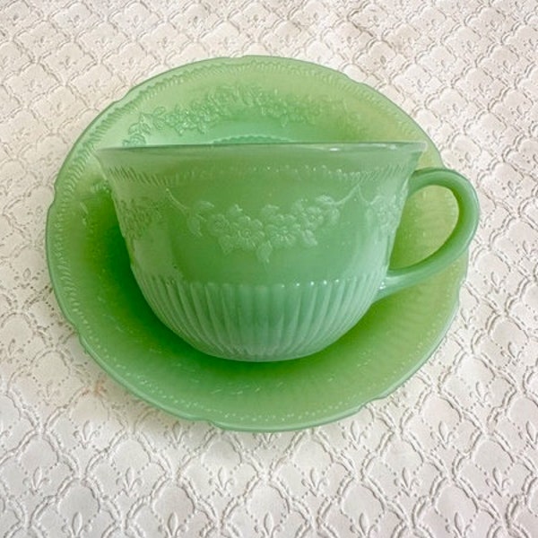Fire King Jadeite Alice Teacup and Saucer Set, Ray Pattern Mark on Bottoms, 1950s