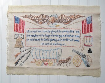 Vintage Patriotic Embroidered Sampler, Battle Hymn of Republic, Patriotic Decor