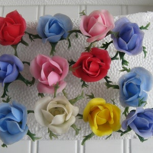 10 Vintage Plastic Rose Picks, Craft Picks, Cake Cupcake Toppers, 1960s, blue, white, pink, red, yellow and purple