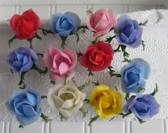 10 Vintage Plastic Rose Picks, Craft Picks, Cake Cupcake Toppers, 1960s, blue, white, pink, red, yellow and purple