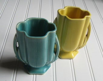 Pair of McCoy Vases, Yellow and Aqua, Shape 105, 1941, Art Deco Inspired