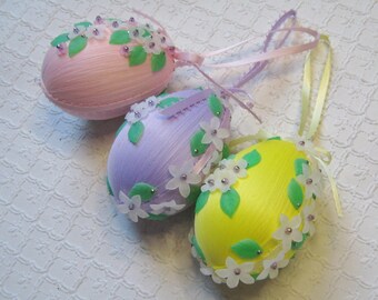 Three Vintage Spun Silky Thread Egg Ornaments, Plastic Flowers Leaves, 1960s-70s