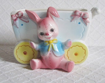 Vintage Bunny Baby Carriage Planter, Japan, Anthropomorphic