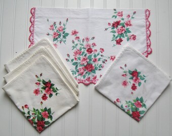 Lot of Printed Rose Napkins Valance, Wilendur, 1950s-60s, Repurposed Linens