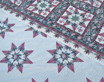 Vintage Star Pattern Cheater Quilt Top & Coordinating Pillow Sham Fabric, V709,