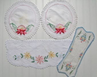 Lot of Mixed Embroidered and Crocheted Cotton Linens, 1950s-60s, Repurposed Linens