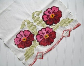 Vintage Tea Towel Embroidered and Crocheted Tea Towel With Hooked Flowers, 1950s-60s, Repurposed Linens