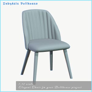 May include: A light gray, elegant chair for a dollhouse project. The chair has a curved back with vertical pleats and four slender legs. The text "InkyAxis Dollhouse" is at the top, and "1:12 scale Elegant Chair for your Dollhouse project" is at the bottom.