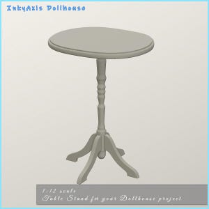 Op de afbeelding: Een grijze, ovale tafelstandaard met een gedraaid houten poot en drie poten. De tafelstandaard is op schaal 1:12 en geschikt voor poppenhuisprojecten.