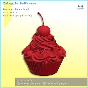 May include: A red cupcake with a cherry on top, designed for a dollhouse project. The cupcake features detailed frosting and is in a paper cup. The image includes the text "Instant Download" and "STL for 3d printing".