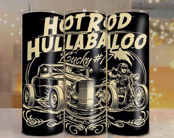 Vintage Hot Rod & Motorcycle Tumbler Wrap PNG – &quot;Hot Rod Hullabaloo&quot; 20oz Skinny Tumbler Sublimation Design ready to print.