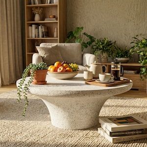 Op de afbeelding: Een moderne woonkamer met een gespikkelde salontafel. Een fruitschaal, een theepot en een cafetière staan op de tafel. Een bloempot en boeken zijn ook zichtbaar, met een tapijt en meubels in neutrale tinten.