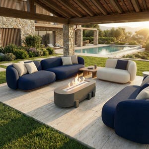 May include: A modern outdoor furniture arrangement. It features navy blue sofas with beige cushions, a cream-colored loveseat, and a concrete fire pit with a flame. A wooden table and a swimming pool are visible in the background.