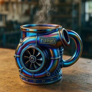Könnte beinhalten: Eine schillernde Tasse in Form eines Turboladers, mit Henkel und dem Wort "TURBO" auf der Seite. Die Tasse hat blaue, violette und goldene Farbtöne, mit Dampf, der aufsteigt.