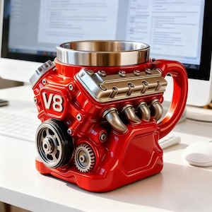 Könnte beinhalten: Eine rote Kaffeetasse in Form eines V8-Motors mit silbernen Akzenten. Die Tasse hat ein detailliertes Design eines Motorblocks, einschließlich Riemenscheibe, Zahnrädern und Auspuffrohren. Das Innere der Tasse ist silberfarben und hat einen großen Griff.