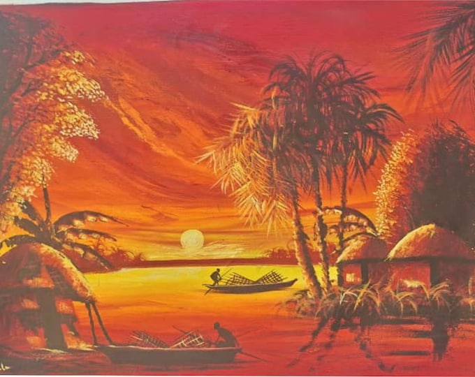 Handmade African Sunset Village Oil Painting, Canvas Art (58cm x 70cm)