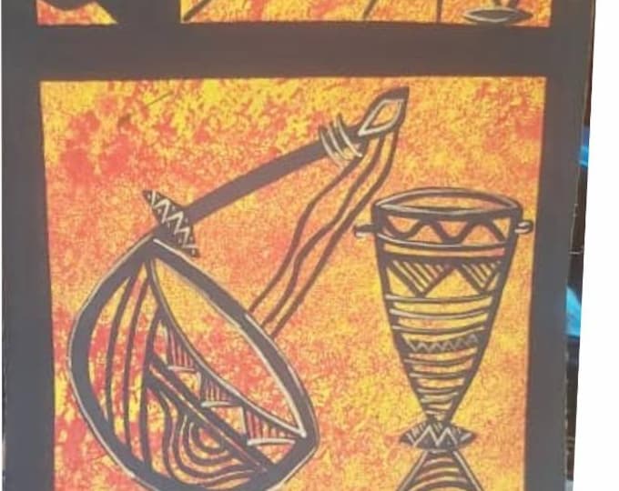 Ready to frame 34cm x 88cm African Hand made Oil painting on Canvas material of African Village Folk musical instruments. African Art