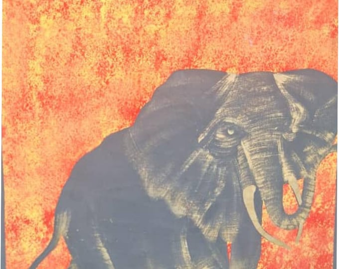 African Elephant Painting on Organic Cotton Canvas, Savannah Art (60x72cm)