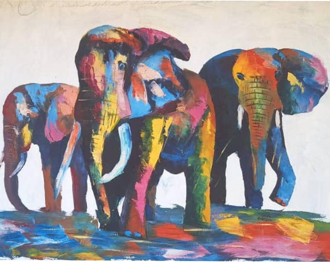 Ready to frame 80cm x 120cm African Hand made oil painting on Canvas material of an Elephant herd in the Savannah African art Wall decor