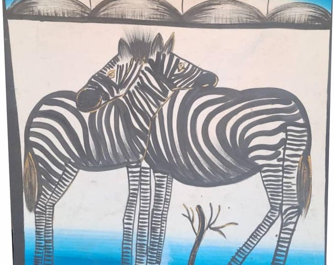 Handmade African Zebra Painting, Organic Cotton Canvas, Zambian Art (63cm x 69cm)
