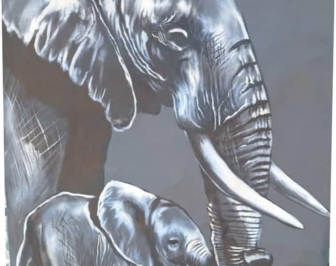 Ready to frame 60cm x 80cm African Hand made Oil painting on Canvas material of an Elephant Mother and baby elephant  at the water loo