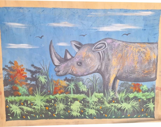 Ready to frame 60cm x 79cm African Hand made Oil painting on Canvas of the African Rhino in the African plains Wall decor African art
