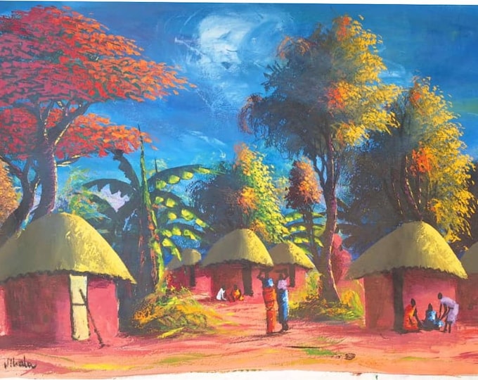 Ready to frame 64cm x 100cm African Hand made Oil painting on Canvas material of an African Village scene Landscape African art Home decor