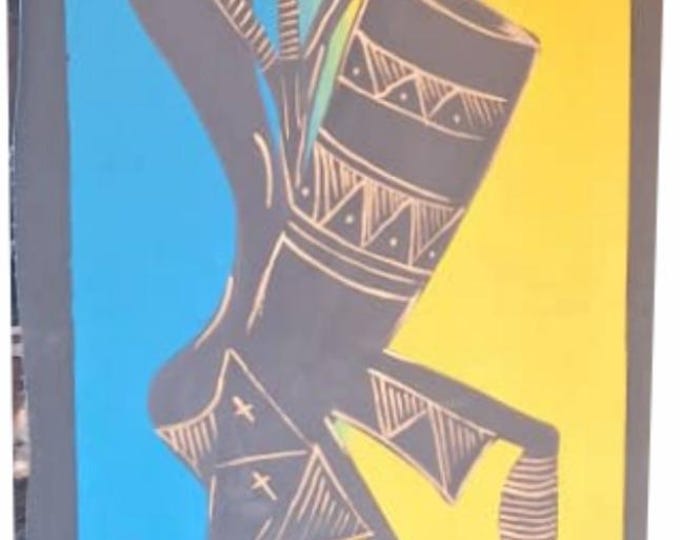 Ready to frame 34cm x 90cm African Hand made Oil painting on Canvas material of an African man beating a ceremonial drum. African art