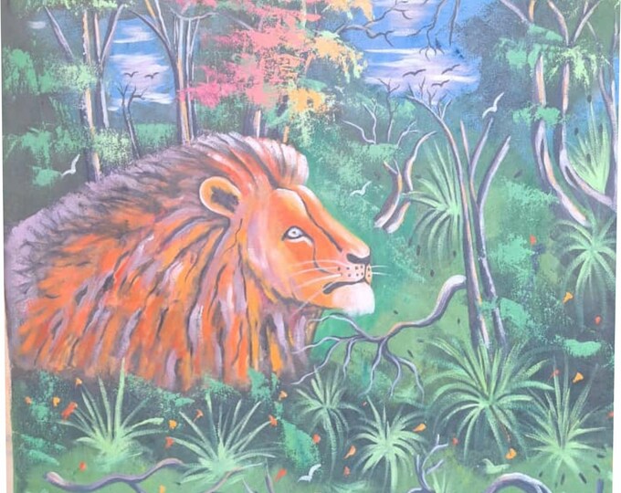 Handmade African Lion Oil Painting on Canvas, Savannah Decor (78cm x 73cm)