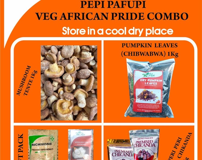 African Super Veg Combo 1kg Mushroom Pumpkin Leaves 1kg Hot Premix Chikanda 1kg Gift pack 1kg Groundnut flour and Soda Ash ( Free Shipping)