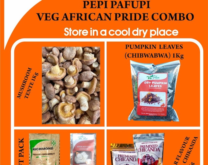 African Super Veg Combo 1kg Mushroom Pumpkin Leaves 1kg Reg Premix Chikanda 1kg Gift pack 1kg Groundnut flour and Soda Ash ( Free Shipping)