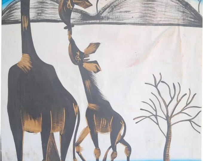 African Giraffe Painting: Hand-Painted Savannah Art on Organic Cotton