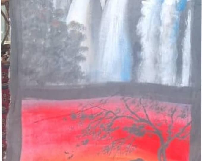 African Art Painting, Victoria Falls & Wildlife, Organic Cotton Canvas