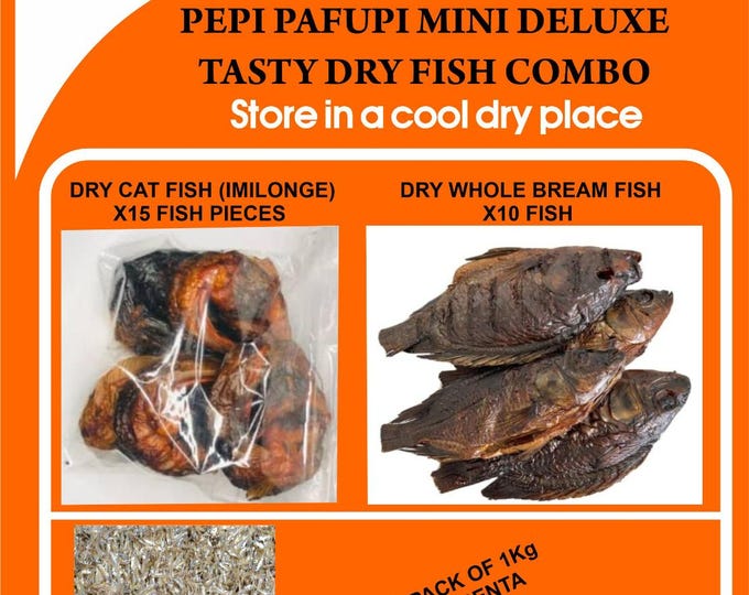 Mini Deluxe Tasty Dry Fish Combo 15 pieces Imilonge (cat fish) 10 pieces Whole Bream fish with a free Gift Pack of 1kg Chisense (Anchovies)