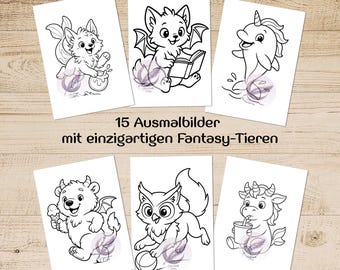 15 coloring pages with unique fantasy animals – Digital download for printing – PDF for children