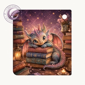Könnte beinhalten: Eine digitale Illustration eines kleinen, mehrfarbigen Drachen mit Schuppen in Blau-, Rosa- und Violetttönen, der auf einem Stapel alter Bücher ruht. Die Szene zeigt Stapel verwitterter Bücher, eine leuchtende Laterne und eine Kerze vor einem Sternenhimmel.