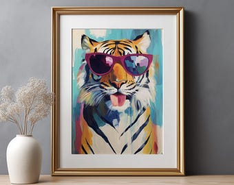 Trendy tijgerprint: kleurrijke maximalistische dierenmuurkunst (digitale download