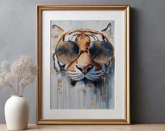 Trendy tijgerprint: kleurrijke maximalistische dierenmuurkunst (digitale download