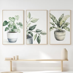 Botanical Wall Art Set – Neutral Floral Prints (Set of 3) – Digital Download – Minimalist Plant Decor – Modern Home Gift, Potted Houseplant