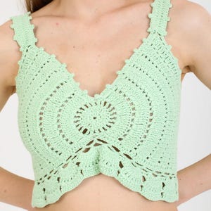 Handmade Boho Crochet Crop Top – Mint Green Summer Knitted Tank – Festival Beachwear – Vintage-Inspired Aesthetic – Women&#39;s Fashion