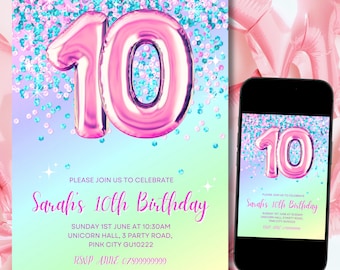 Op de afbeelding: Een roze en blauwe verjaardagsuitnodiging met een grote roze ballon met het nummer 10. De uitnodiging luidt "Sarah's 10th Birthday" en bevat de datum, tijd en locatie van het feest. De uitnodiging bevat ook een telefoonnummer voor RSVP.