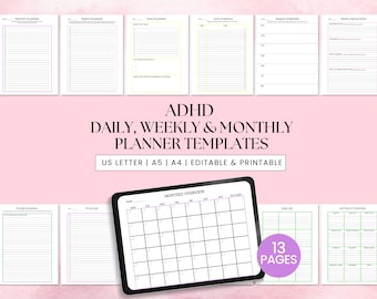 ADHS Planer bearbeitbares Set, Tagesplaner, Wochenplaner, Monatsplaner, ADHS Werkzeuge, Zeitblockplaner, ADHS Aufgabenliste, Adhd Tracker