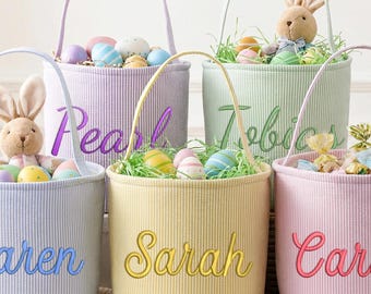 Haftowany koszyczek wielkanocny dla dzieci, spersonalizowane wiaderko z imieniem, wiosenny prezent dla małego dziecka, pastelowy koszyczek do polowania na pisanki, dekoracje wielkanocne