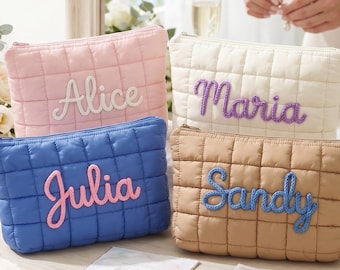 Personalized Bridesmaid Makeup Bag, Custom Quilted Cosmetic Pouch, Bridal Party Travel Toiletry Bag, Bachelorette Gift