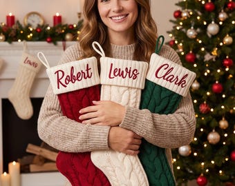 Calza di Natale personalizzata con nome, calza in maglia ricamata, calze di Natale per la famiglia, calza natalizia personalizzata