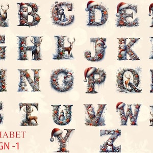 May include: A decorative alphabet design, featuring letters A to Z, each embellished with Christmas-themed decorations. The letters are adorned with Santa hats, snowmen, deer, and floral accents, creating a festive holiday theme.
