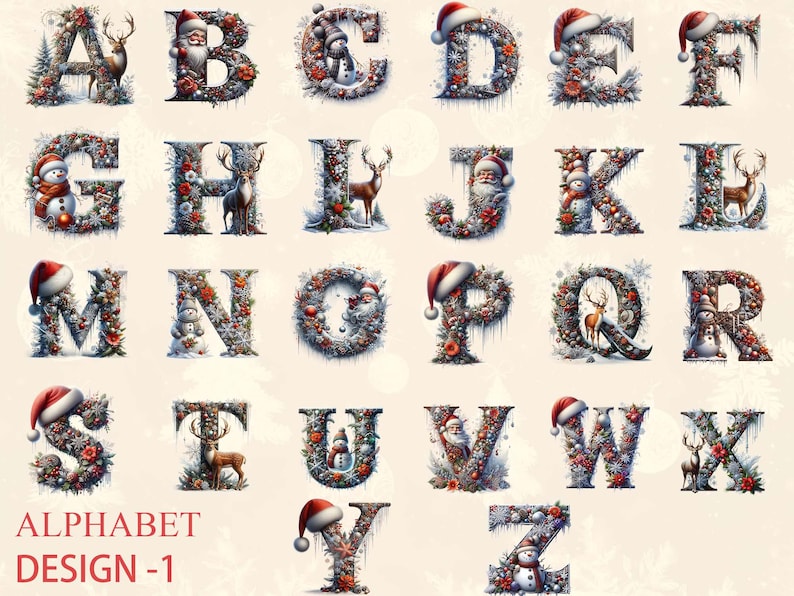 May include: A decorative alphabet design, featuring letters A to Z, each embellished with Christmas-themed decorations. The letters are adorned with Santa hats, snowmen, deer, and floral accents, creating a festive holiday theme.