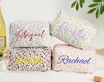 Personalized Quilted Makeup Bag, Floral Embroidered Cosmetic Pouch, Custom Name Toiletry Bag, Bridesmaid Gift, Travel Makeup Organizer