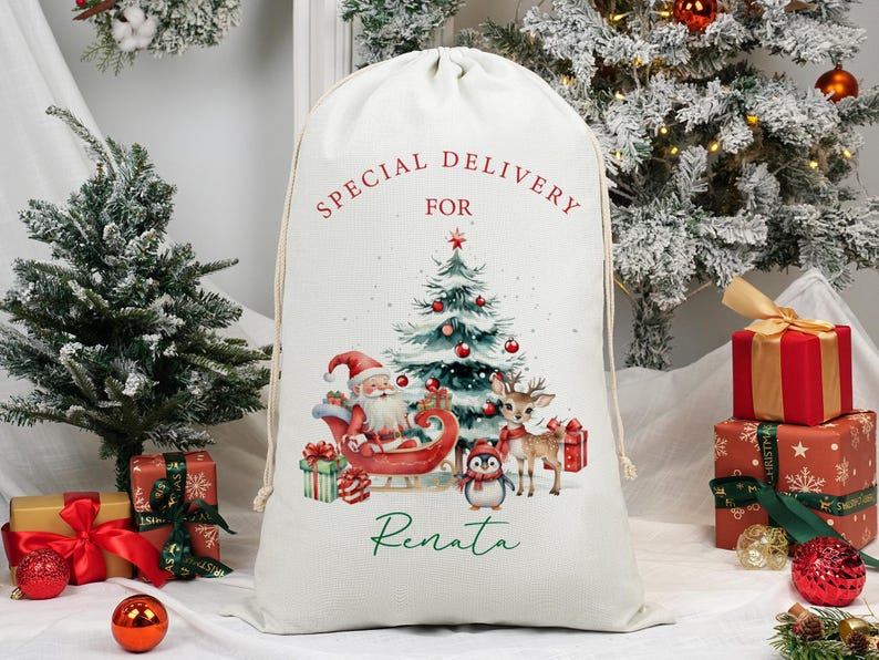 May include: A cream-coloured Christmas gift sack with a drawstring. The sack displays a watercolour illustration of Santa Claus in a sleigh, a Christmas tree, and reindeer. Text reads "Special Delivery For Renata."